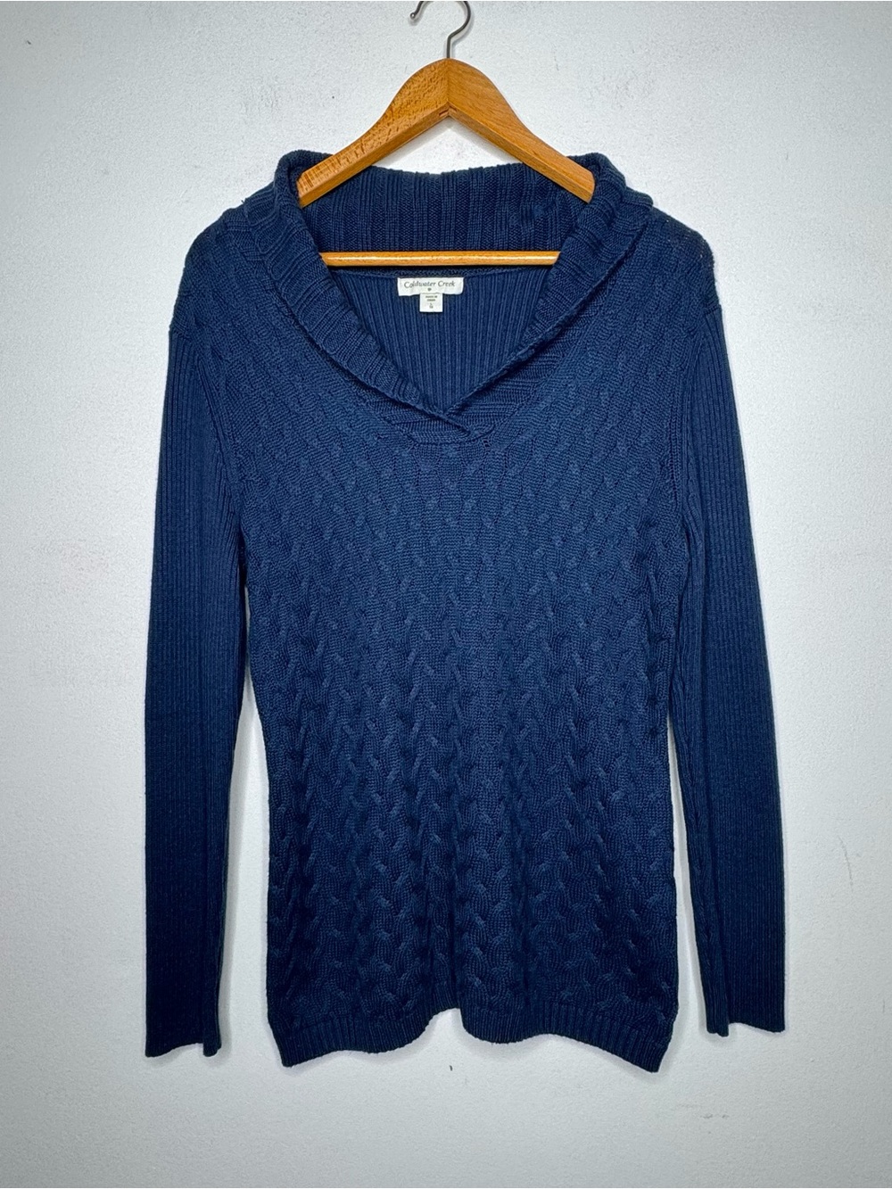Coldwater Creek Cable Knit V-Neck Blue Pullover Sweater - Size Large
